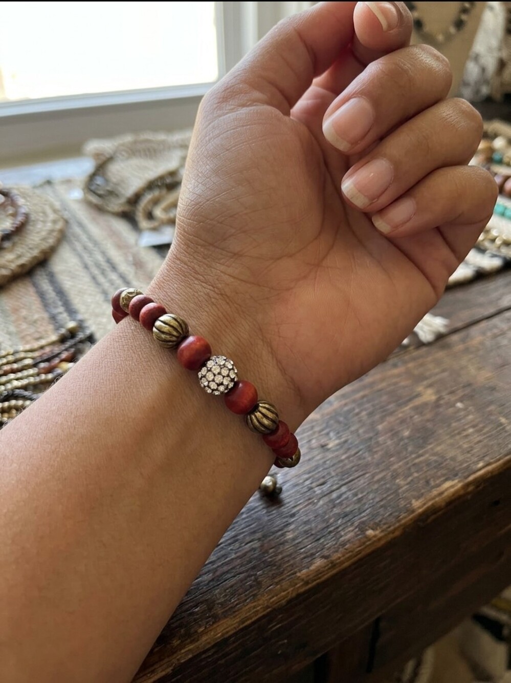 Bracelet Adjustable Red Wooden Beads Rhinestone Bead Antique Goldtone